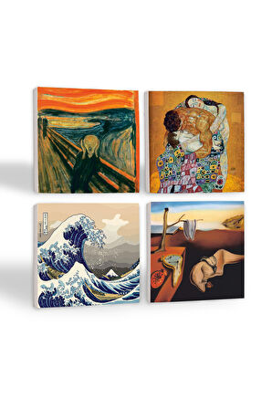 Dalí Belleğin Azmi, Büyük Dalga Japon Sanatı, Çığlık, Gustav Klimt Aile Kucaklama Taş Bardak Altlığı Masaüstü Koruyucu Altlık 4 Parça Set 10x10cm Stone Coasters