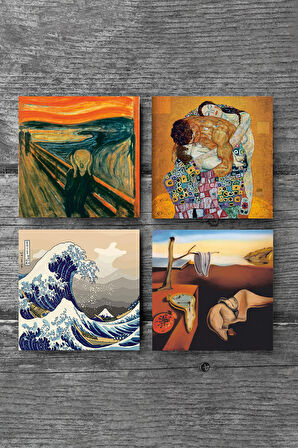Dalí Belleğin Azmi, Büyük Dalga Japon Sanatı, Çığlık, Gustav Klimt Aile Kucaklama Taş Bardak Altlığı Masaüstü Koruyucu Altlık 4 Parça Set 10x10cm Stone Coasters