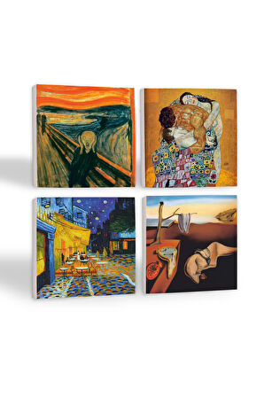 Dalí Belleğin Azmi, Van Gogh Kafe Terasta Gece, Çığlık, Klimt Aile Kucaklama Taş Bardak Altlığı Masaüstü Koruyucu Altlık 4 Parça Set 10x10cm Stone Coasters