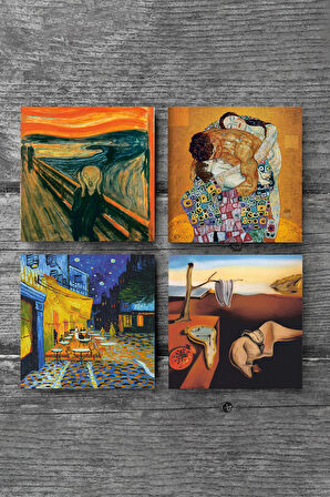 Dalí Belleğin Azmi, Van Gogh Kafe Terasta Gece, Çığlık, Klimt Aile Kucaklama Taş Bardak Altlığı Masaüstü Koruyucu Altlık 4 Parça Set 10x10cm Stone Coasters