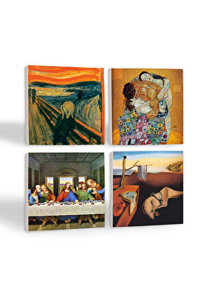 Dalí Belleğin Azmi, Da Vinci Son Akşam Yemeği, Çığlık, Klimt Aile Kucaklama Taş Bardak Altlığı Masaüstü Koruyucu Altlık 4 Parça Set 10x10cm Stone Coasters