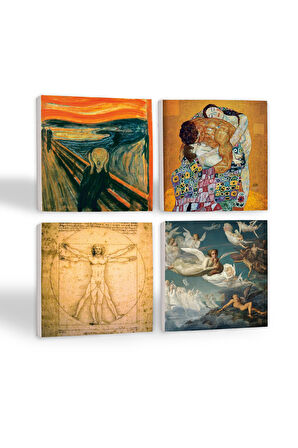 Çığlık, Klimt Aile Kucaklama, Ruhların Geçişi, Da Vinci Vitruvius Adamı Taş Bardak Altlığı Masaüstü Koruyucu Altlık 4 Parça Set 10x10cm Stone Coasters