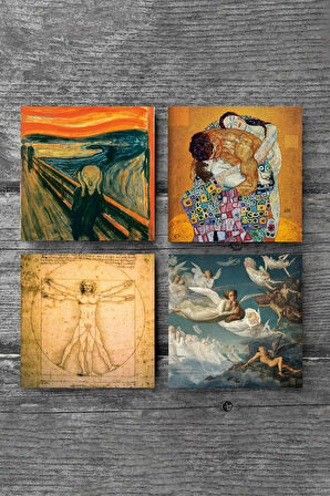 Çığlık, Klimt Aile Kucaklama, Ruhların Geçişi, Da Vinci Vitruvius Adamı Taş Bardak Altlığı Masaüstü Koruyucu Altlık 4 Parça Set 10x10cm Stone Coasters