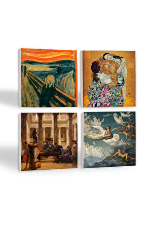 Çığlık, Gustav Klimt Aile Kucaklama, Bir Roma Sanat Aşığı, Ruhların Geçişi Taş Bardak Altlığı Masaüstü Koruyucu Altlık 4 Parça Set 10x10cm Stone Coasters