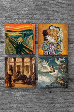 Çığlık, Gustav Klimt Aile Kucaklama, Bir Roma Sanat Aşığı, Ruhların Geçişi Taş Bardak Altlığı Masaüstü Koruyucu Altlık 4 Parça Set 10x10cm Stone Coasters