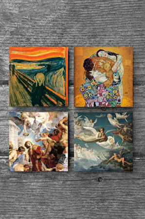 Çığlık, Klimt Aile Kucaklama, Ruhların Geçişi, Aziz Stephen Üçlemesi Taş Bardak Altlığı Masaüstü Koruyucu Altlık 4 Parça Set 10x10cm Stone Coasters