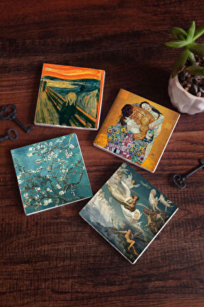 Çığlık, Van Gogh Badem Ağacı, Gustav Klimt Aile Kucaklama, Ruhların Geçişi Taş Bardak Altlığı Masaüstü Koruyucu Altlık 4 Parça Set 10x10cm Stone Coasters