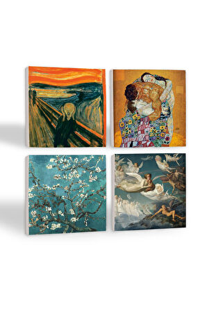 Çığlık, Van Gogh Badem Ağacı, Gustav Klimt Aile Kucaklama, Ruhların Geçişi Taş Bardak Altlığı Masaüstü Koruyucu Altlık 4 Parça Set 10x10cm Stone Coasters