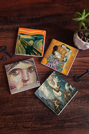 Çığlık, Çingene Kızı Mozaiği, Gustav Klimt Aile Kucaklama, Ruhların Geçişi Taş Bardak Altlığı Masaüstü Koruyucu Altlık 4 Parça Set 10x10cm Stone Coasters