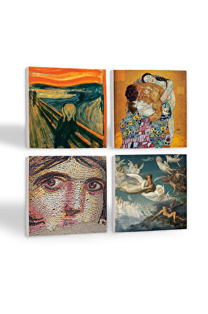 Çığlık, Çingene Kızı Mozaiği, Gustav Klimt Aile Kucaklama, Ruhların Geçişi Taş Bardak Altlığı Masaüstü Koruyucu Altlık 4 Parça Set 10x10cm Stone Coasters