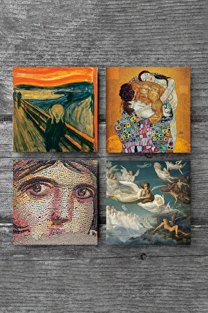 Çığlık, Çingene Kızı Mozaiği, Gustav Klimt Aile Kucaklama, Ruhların Geçişi Taş Bardak Altlığı Masaüstü Koruyucu Altlık 4 Parça Set 10x10cm Stone Coasters