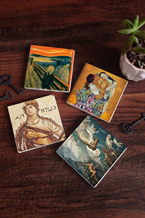 Çığlık, Soteria Mozaiği, Gustav Klimt Aile Kucaklama, Ruhların Geçişi Taş Bardak Altlığı Masaüstü Koruyucu Altlık 4 Parça Set 10x10cm Stone Coasters