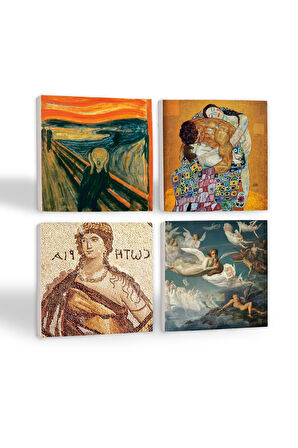 Çığlık, Soteria Mozaiği, Gustav Klimt Aile Kucaklama, Ruhların Geçişi Taş Bardak Altlığı Masaüstü Koruyucu Altlık 4 Parça Set 10x10cm Stone Coasters