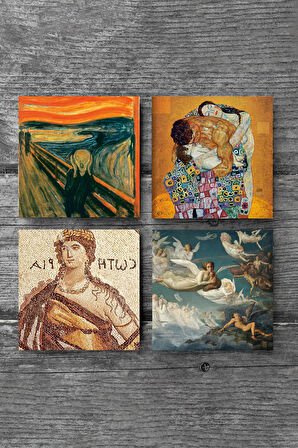 Çığlık, Soteria Mozaiği, Gustav Klimt Aile Kucaklama, Ruhların Geçişi Taş Bardak Altlığı Masaüstü Koruyucu Altlık 4 Parça Set 10x10cm Stone Coasters