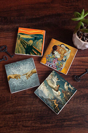 Michelangelo, Çığlık, Gustav Klimt Aile Kucaklama, Ruhların Geçişi Louis Janmot Taş Bardak Altlığı Masaüstü Koruyucu Altlık 4 Parça Set 10x10cm Stone Coasters