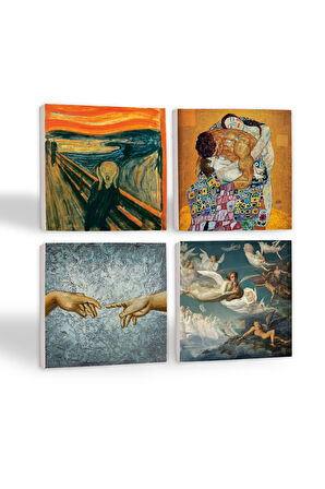 Michelangelo, Çığlık, Gustav Klimt Aile Kucaklama, Ruhların Geçişi Louis Janmot Taş Bardak Altlığı Masaüstü Koruyucu Altlık 4 Parça Set 10x10cm Stone Coasters