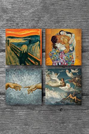 Michelangelo, Çığlık, Gustav Klimt Aile Kucaklama, Ruhların Geçişi Louis Janmot Taş Bardak Altlığı Masaüstü Koruyucu Altlık 4 Parça Set 10x10cm Stone Coasters