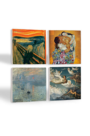 Monet Gün Doğumu, Çığlık, Klimt Aile Kucaklama, Ruhların Geçişi Taş Bardak Altlığı Masaüstü Koruyucu Altlık 4 Parça Set 10x10cm Stone Coasters