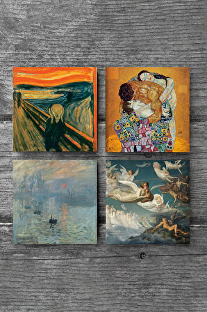 Monet Gün Doğumu, Çığlık, Klimt Aile Kucaklama, Ruhların Geçişi Taş Bardak Altlığı Masaüstü Koruyucu Altlık 4 Parça Set 10x10cm Stone Coasters