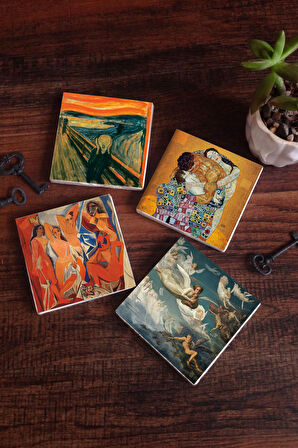 Picasso Avignonlu Kızlar, Çığlık, Klimt Aile Kucaklama, Ruhların Geçişi Taş Bardak Altlığı Masaüstü Koruyucu Altlık 4 Parça Set 10x10cm Stone Coasters