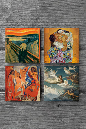 Picasso Avignonlu Kızlar, Çığlık, Klimt Aile Kucaklama, Ruhların Geçişi Taş Bardak Altlığı Masaüstü Koruyucu Altlık 4 Parça Set 10x10cm Stone Coasters