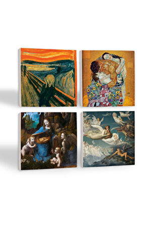 Da Vinci Kayalıklar Bakiresi, Çığlık, Klimt Aile Kucaklama, Ruhların Geçişi Taş Bardak Altlığı Masaüstü Koruyucu Altlık 4 Parça Set 10x10cm Stone Coasters