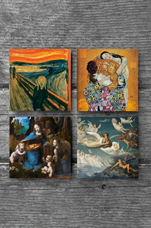 Da Vinci Kayalıklar Bakiresi, Çığlık, Klimt Aile Kucaklama, Ruhların Geçişi Taş Bardak Altlığı Masaüstü Koruyucu Altlık 4 Parça Set 10x10cm Stone Coasters