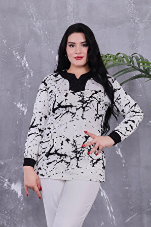 Pachie Mermer Desenli Yakası Taş Detaylı Büyük Beden Bluz (PCBB006)