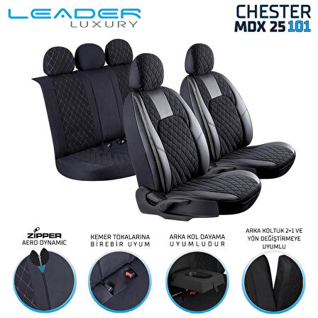 Dacia Sandero Stepway Lüx Yarı Deri Oto Koltuk Kılıfı Ön Arka Takım Chester SİYAH BEYAZ