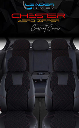 Citroen C5 Lüx Yarı Deri Oto Koltuk Kılıfı Ön Arka Takım Chester SİYAH KIRMIZI