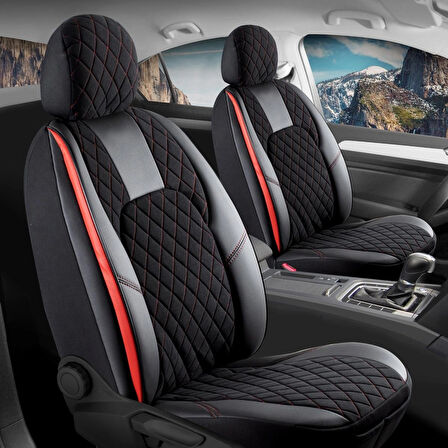 Audi Q7  Lüx Yarı Deri Oto Koltuk Kılıfı Ön Arka Takım Chester SİYAH KIRMIZI