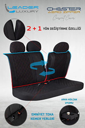 Audi Q7  Lüx Yarı Deri Oto Koltuk Kılıfı Ön Arka Takım Chester SİYAH KIRMIZI