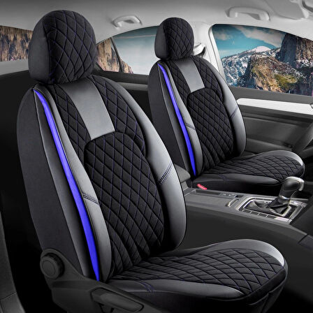 Volkswagen Golf 5 Lüx Yarı Deri Oto Koltuk Kılıfı Ön Arka Takım Chester SİYAH MAVİ