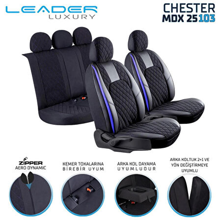 Ford Puma Lüx Yarı Deri Oto Koltuk Kılıfı Ön Arka Takım Chester SİYAH MAVİ
