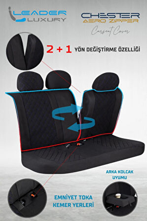 Kia Stonic Lüx Yarı Deri Oto Koltuk Kılıfı Ön Arka Takım Chester SİYAH MAVİ