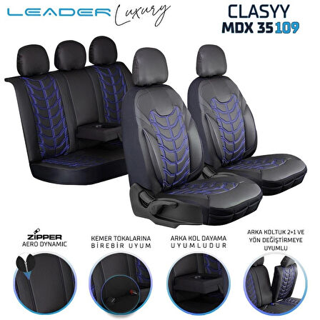 Renault Laguna 2 Lüx Deri Oto Koltuk Kılıfı Ön Arka Takım Classy Serisi MAVİ SİYAH