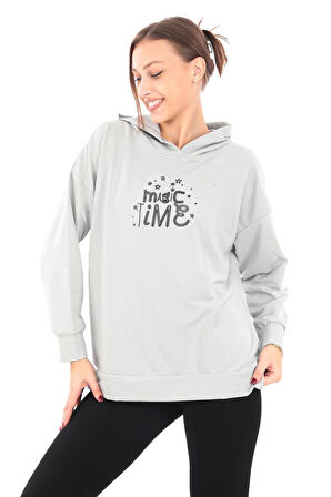 Pachie Kapüşonlu Önü Yazı Baskılı Gri Renk Sweatshirt (PCST054)