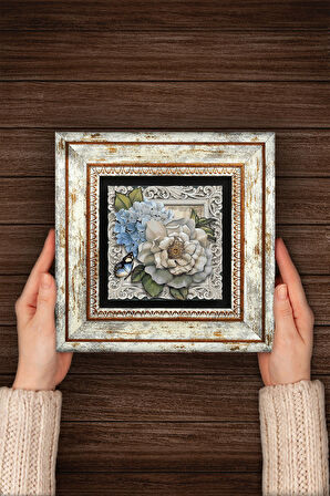 Kelebekli Çiçek Taş Duvar Tablosu Çerçeveli Duvar Dekoru Wall Art