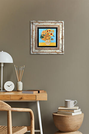 Vincent van Gogh On İki Ayçiçekli Vazo Taş Duvar Tablosu Çerçeveli Duvar Dekoru Wall Art