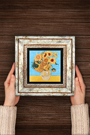 Vincent van Gogh On İki Ayçiçekli Vazo Taş Duvar Tablosu Çerçeveli Duvar Dekoru Wall Art