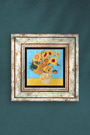 Vincent van Gogh On İki Ayçiçekli Vazo Taş Duvar Tablosu Çerçeveli Duvar Dekoru Wall Art