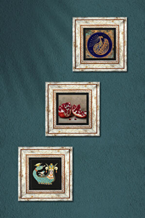 Tavus Kuşu, Şahmeran, Nar Taş Duvar Tablosu Çerçeveli Duvar Dekoru 3 Parça Tablo Seti Wall Art