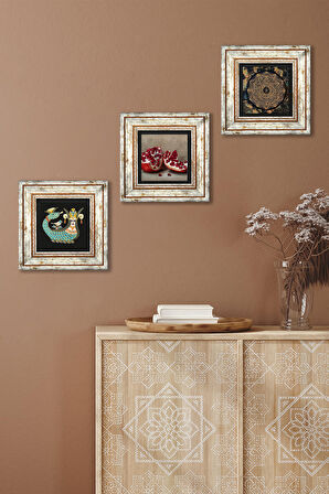 Sri Yantra, Şahmeran, Nar Taş Duvar Tablosu Çerçeveli Duvar Dekoru 3 Parça Tablo Seti Wall Art