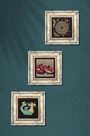 Sri Yantra, Şahmeran, Nar Taş Duvar Tablosu Çerçeveli Duvar Dekoru 3 Parça Tablo Seti Wall Art