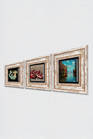 Claude Monet Sonbahar, Şahmeran, Nar Taş Duvar Tablosu Çerçeveli Duvar Dekoru 3 Parça Tablo Seti Wall Art