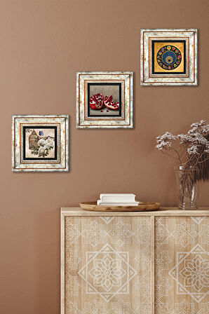 Nazar Boncuğu, Kelebekli Çiçek, Nar Taş Duvar Tablosu Çerçeveli Duvar Dekoru 3 Parça Tablo Seti Wall Art