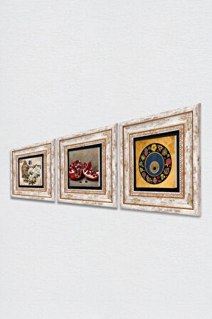 Nazar Boncuğu, Kelebekli Çiçek, Nar Taş Duvar Tablosu Çerçeveli Duvar Dekoru 3 Parça Tablo Seti Wall Art