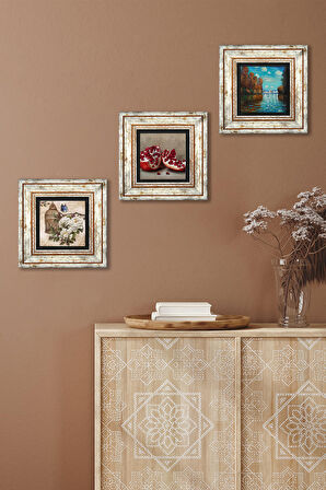 Claude Monet Sonbahar, Kelebekli Çiçek, Nar Taş Duvar Tablosu Çerçeveli Duvar Dekoru 3 Parça Tablo Seti Wall Art