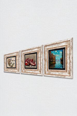 Claude Monet Sonbahar, Kelebekli Çiçek, Nar Taş Duvar Tablosu Çerçeveli Duvar Dekoru 3 Parça Tablo Seti Wall Art