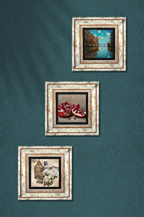 Claude Monet Sonbahar, Kelebekli Çiçek, Nar Taş Duvar Tablosu Çerçeveli Duvar Dekoru 3 Parça Tablo Seti Wall Art